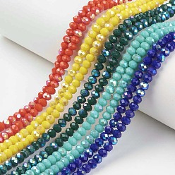 Couleur Mélangete Galvanoplastie opaques couleur unie perles de verre brins, demi arc-en-ciel plaqué, facette, rondelle, couleur mixte, 6x5mm, Trou: 1mm, Environ 85~88 pcs/chapelet, 16.1~16.5 pouce (41~42 cm)