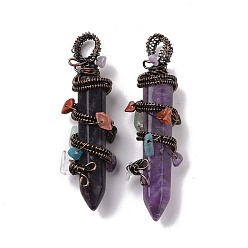 Amethyst Natural Amethyst Pointed Big Pendants, with Red Copper Plated Rack Plating Brass Findings and Mixed Stone Chip Beads, Cadmium Free & Lead Free, Faceted, Bullet Charm, 64~68x16~17x16~17mm, Hole: 7.5mm