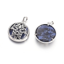 Sodalite Natural Sodalite Pendants, with Platinum Tone Brass Findings, Flat with Hamsa Hand/Hand of Miriam, 31x27.5x8.5mm, Hole: 6.5x4mm
