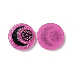 Hot Pink Translucent Resin Cabochons, with Glitter Powder, Flat Round with Moon & Pentagram Pattern, Hot Pink, 29x5.5mm