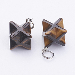 Tiger Eye Natural Tiger Eye Pendants, with 201 Stainless Steel Split Rings, Stainless Steel Color, Merkaba Star, 23~24x17~17.5x20mm, Hole: 6mm