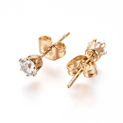 Golden 304 Stainless Steel Stud Earrings, with Rhinestone and Ear Nuts/Earring Back, Flat Round, Crystal, Golden, 14.5x4.5mm, Pin: 0.6mm, 12pairs/card