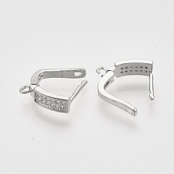 Platinum Brass Micro Pave Cubic Zirconia Hoop Earring Findings with Latch Back Closure, Nickel Free, with Horizontal Loop, Rectangle, Real Platinum Plated, 14x4.5x11.5mm, Hole: 1.2mm, Pin: 1mm.