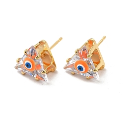 Orange Triangle de verre avec clous d'oreilles mauvais œil en émail, bijoux en laiton plaqué or véritable 18k pour femmes, orange, 10.5x11mm, pin: 0.8 mm