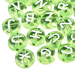 Lawn Green Transparent Acrylic Beads, Flat Round with White Mixed Letters, Lawn Green, 7x4mm, Hole: 1.5mm, about 1480pcs/200g