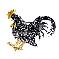 Negro Broche de gallo de diamantes de imitación, insignia de aleación del zodiaco chino para ropa de mochila, negro, 65x50 mm