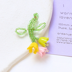 Yellow Glass Seed Braided Beaded Pendants, with Plastic Flower Beaded, Tulip Flower Charms, Yellow, 47x30mm