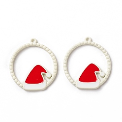 White Christmas Theme Spray Painted Alloy Enamel Pendants, Ring with Christmas Hat, White, 25x22x2mm, Hole: 1.2mm