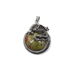 Unakite Natural Unakite Pendants, Flat Round Charms with Skeleton, with Antique Silver Plated Metal Findings, 40x35mm
