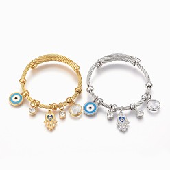 Mixed Color Adjustable 304 Stainless Steel Charm Bangles, with Enamel, Glass and Rhinestone, Eye, Hamsa Hand and Flat Round, Mixed Color, 2-1/4 inch(5.6cm), 4~12mm
