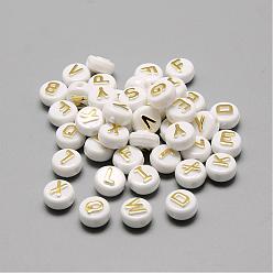 Gold Plating Acrylic Beads, Golden Metal Enlaced, Horizontal Hole, Mixed Letters, Flat Round, Gold, 9.5~10x6mm, Hole: 2mm, about 1532pcs/500g