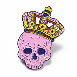 Pink Skull with Crown Enamel Pin, Halloween Alloy Badge for Backpack Clothes, Electrophoresis Black, Pink, 41x27.5x1.5mm, Pin: 1.5mm