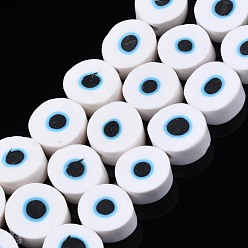 Blanc Brin de perles pate polymère faits à la main , rond et plat avec des mauvais œil, blanc, 8~11x4mm, Trou: 1.2mm, Environ 40 pcs/chapelet, 13.98 pouces ~ 15.35 pouces (35.5 cm ~ 39 cm)