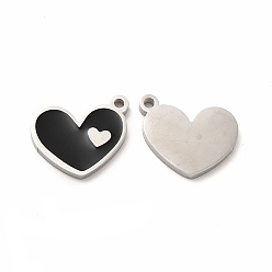 Black 304 Stainless Steel Enamel Charms, Heart, Black, 13x10x1mm, Hole: 1.2mm