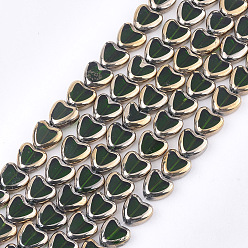 Dark Green Electroplate Glass Beads Strands, Edge Plated, Heart, Dark Green, 10x10x4mm, Hole: 1mm, about 30pcs/strand, 11.4 inch