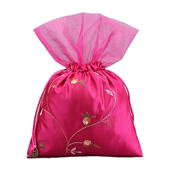 Rosa Oscura Bolsas de flores con bordado de seda, bolsa con cordón, Rectángulo, de color rosa oscuro, 25x16 cm