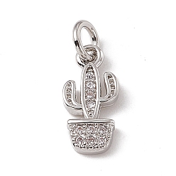 Platinum Brass Micro Pave Clear Cubic Zirconia Cactus Charms, with Open Jump Rings, Platinum, 12.5x6x2mm, Jump Ring: 4.5x0.7mm, Inner Diameter: 3mm 