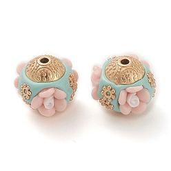 Pink Handmade Indonesia Beads, with Alloy Findings and Resin, Rondelle with Flower, Pink, 16x16.5x16mm, Hole: 1.8mm