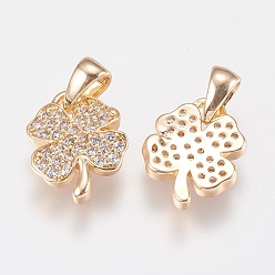 Real 18K Gold Plated Brass Micro Pave Cubic Zirconia Charms, Clover, Clear, Real 18K Gold Plated, 12x9x1.5mm, Hole: 2x3mm