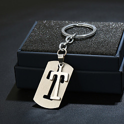 Letter T 201 porte-clés en acier inoxydable, porte-clés étiquette de chien, avec porte-clés en fer plaqué platine, rectangle avec lettre fractionnée, letter.t, 10.5 cm