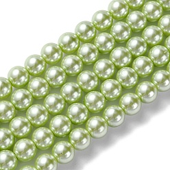 Vert Pâle Brins de perles rondes en verre teinté écologique, cordon en coton fileté, jaune vert, 8mm, Trou: 0.7~1.1mm, Environ 52 pcs/chapelet, 15 pouce