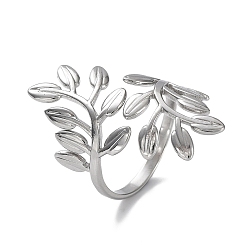 Stainless Steel Color 304 Stainless Steel Rings, Open Cuff Ring, Leaf Wide Band Ring for Women, Stainless Steel Color, 2mm, Inner Diameter: 17mm