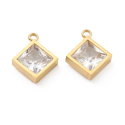 Oro 304 colgante de diamantes de imitación de acero inoxidable, rombo, cristal, dorado, 15x12x4 mm, agujero: 1.8 mm
