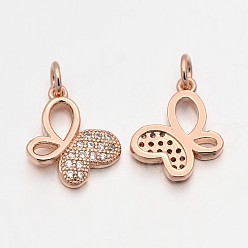 Rose Gold Brass Micro Pave Cubic Zirconia Butterfly Pendants, Cadmium Free & Nickel Free & Lead Free, Rose Gold, 14x12x2mm, Hole: 3mm