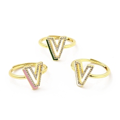 Letter V Mixed Color Enamel Initial Letter Adjustable Ring with Clear Cubic Zirconia, Real 18K Gold Plated Brass Jewelry for Women, Cadmium Free & Lead Free, Letter.v, US Size 5 1/4(16mm), Letter.V: 13x11mm