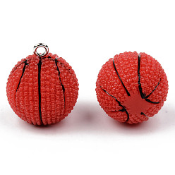 Red Opaque Resin Pendants, with Platinum Tone Iron Loop, Basketball Shape, Red, 26~28x22mm, Hole: 2mm