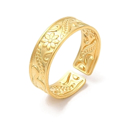 Real 18K Gold Plated Ion Plating(IP) 304 Stainless Steel Cuff Wide Band Finger Rings, Flower and Leaf Pattern Open Rings for Women, Real 18K Gold Plated, Inner Diameter: 18mm
