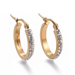 Golden 201 Stainless Steel Hoop Earrings, with Rhinestone, Oval, Golden, 24x19.5x3.1mm, Pin: 0.8mm