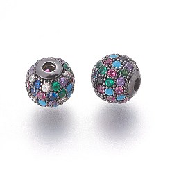 Gunmetal Brass Micro Pave Cubic Zirconia Beads, Round, Colorful, Gunmetal, 8x7.5mm, Hole: 2mm