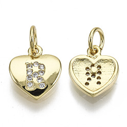 Letter R Brass Micro Pave Clear Cubic Zirconia Charms, with Jump Ring, Heart with Letter, Real 16K Gold Plated, Nickel Free, Letter.R, 10x9x2mm, Jump Ring: 5x1mm, 3mm inner diameter