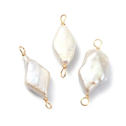 Golden Natural Baroque Pearl Keshi Pearl Copper Wire Wrapped Connector Charms, Cultured Freshwater Pearl Rhombus Links, Golden, 24~28x9~11.5x4.5~6mm, Hole: 3mm