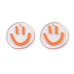 Coral Transparent Printed Acrylic Pendants, Flat Round with Smiling Face Charm, Coral, 20.5~21x20~21x2mm, Hole: 1.6mm