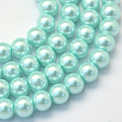 Aguamarina Hornear cristales de perlas de vidrio pintado, pearlized, rondo, aguamarina, 3~4 mm, agujero: 0.5 mm, sobre 195 unidades / cadena, 23.6 pulgada