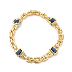 Marine Blue Glass Rectangle Link Chain Bracelet with Panther Chains, Real 18K Gold Plated Brass Jewelry for Women, Cadmium Free & Lead Free, Marine Blue, Inner Diameter: 2-1/2 inch(6.5cm)