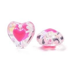 Rosa Caliente Hebras de cuentas de esmalte de vidrio hechas a mano para el día de San Valentín, corazón, color de rosa caliente, 13.5x14x8~9 mm, agujero: 1.2 mm, sobre 30 unidades / cadena