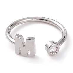 Letter M Brass Micro Pave Clear Cubic Zirconia Cuff Rings, Open Rings, Long-Lasting Plated, Platinum, Letter M, US Size 6, Inner Diameter: 17mm