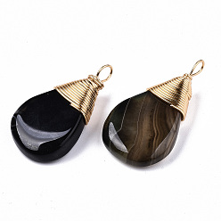 Natural Agate Natural & Dyed Agate Pendants, Gold Copper Wire Wrapped Pendants, Teardrop, 37~40x19~21x9~10mm, Hole: 3~4mm