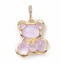 Plum Translucent Resin Pendants, Bear with Bowknot Charm, with Brass Micro Pave Clear Cubic Zirconia, Cadmium Free & Lead Free, Real 18K Gold Plated, Plum, 28x25x8mm, Hole: 4.5x7mm