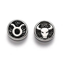 Taurus 304 Stainless Steel Beads, Flat Round with Twelve Constellations, Antique Silver, Taurus, 10x4mm, Hole: 1.8mm