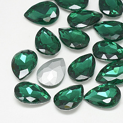Med.Émeraude Pointé cabochons en strass de verre, dos plaqué, facette, larme, med.emerald, 14x10x4.5mm