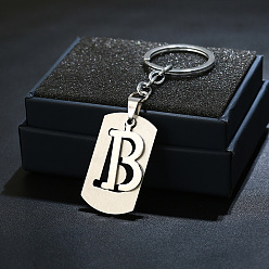 Letter B 201 porte-clés en acier inoxydable, porte-clés étiquette de chien, avec porte-clés en fer plaqué platine, rectangle avec lettre fractionnée, letter.b, 10.5 cm