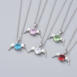 Mixed Color Brass Cubic Zirconia Pendant Necklaces, with 304 Stainless Steel Cable Chains and Lobster Claw Clasps, Angel Wings, Stainless Steel Color, Mixed Color, 15.7 inch(40cm), 1.5mm