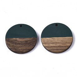 Dark Green Resin & Wood Pendants, Flat Round, Dark Green, 28.5x3.5~4mm, Hole: 1.5mm