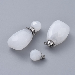 White Jade Faceted Natural White Jade Openable Perfume Bottle Pendants, with Stainless Steel Color Tone 304 Stainless Steel Findings, 36.5~37x18~18.5x13.5mm, Hole: 1.8mm, Bottle Capacity: 1ml(0.034 fl. oz)