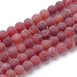 Dark Red Natural & Dyed Crackle Agate Bead Strands, Frosted Style, Round, Dark Red, 8mm, Hole: 1mm, about 48pcs/strand, 14 inch
