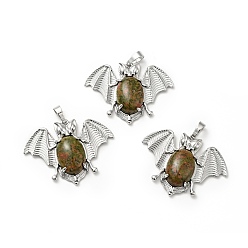 Unakite Natural Unakite Pendants, with Platinum Tone Brass Findings, Lead Free & Cadmium Free, Bat Charms, 32x43x8mm, Hole: 5x8mm